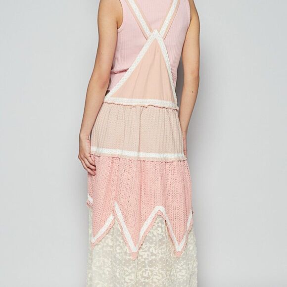 POL Clothing Overall Patchwork Lace & Crochet Dress In Salmon Pink NEW! - Picture 3 of 14